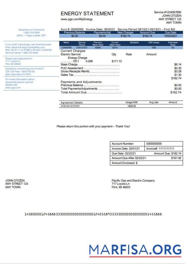 Realistic USA California PG&E (Pacific Gas and Electric Company) utility bill template in Word and PDF format, version 2